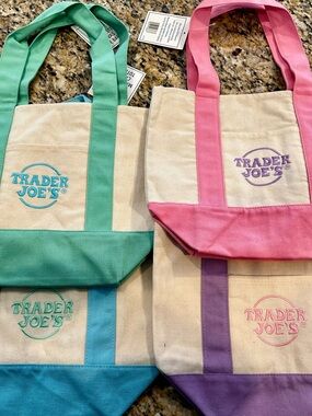 Trader Joe's Canvas Tote Bag Bundle - Pink, Green, Blue, Purple (4)